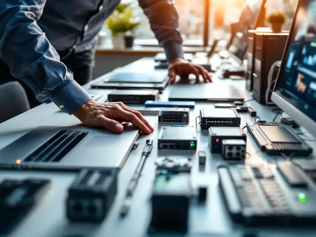 IT-technicus organiseert laptops, servers, netwerkswitches en tablets op wit bureau met natuurlijk licht