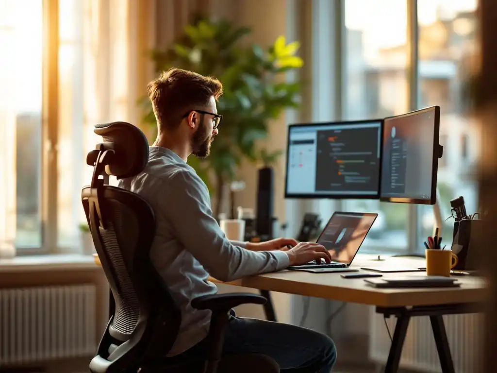 Moderne kantoormedewerker met laptop op houten bureau, dual monitors en ergonomische stoel bij groot raam met natuurlijk licht