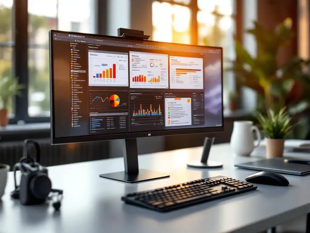 Ultrawide monitor met kleurrijke spreadsheets op modern bureau met draadloos toetsenbord en laptopstandaard in professionele werkruimte
