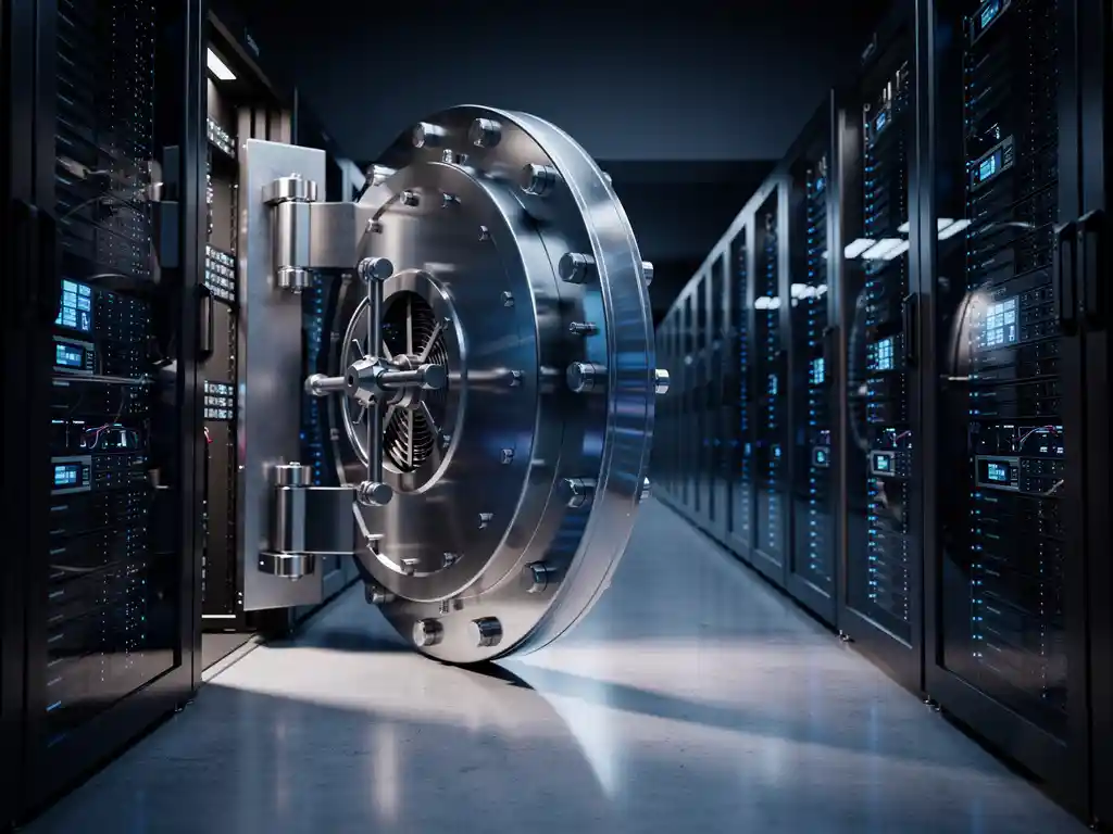 Stalen kluisdeur staat open in modern datacenter met rijen servers in blauw LED-licht