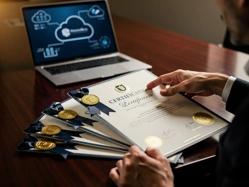 Stapel certificaten met gouden zegels en linten op donkere houten conferentietafel, laptop met cloud diagrammen op achtergrond