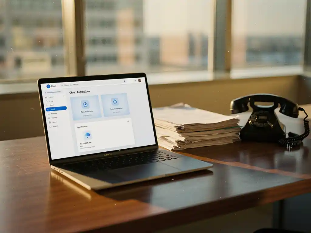 Moderne laptop met cloud-applicaties op houten bureau naast papieren documenten en vintage telefoon in warm kantoorlicht