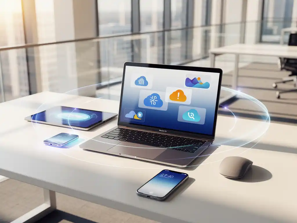 Modern kantoorbureau met laptop die cloud-applicaties toont, omringd door draadloze apparaten en lichtsporen die naadloze integratie suggereren
