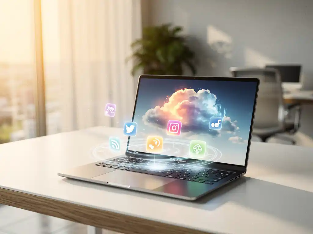 Moderne laptop met kleurrijke cloud-pictogrammen boven toetsenbord op wit bureau in helder kantoor met natuurlijk zonlicht