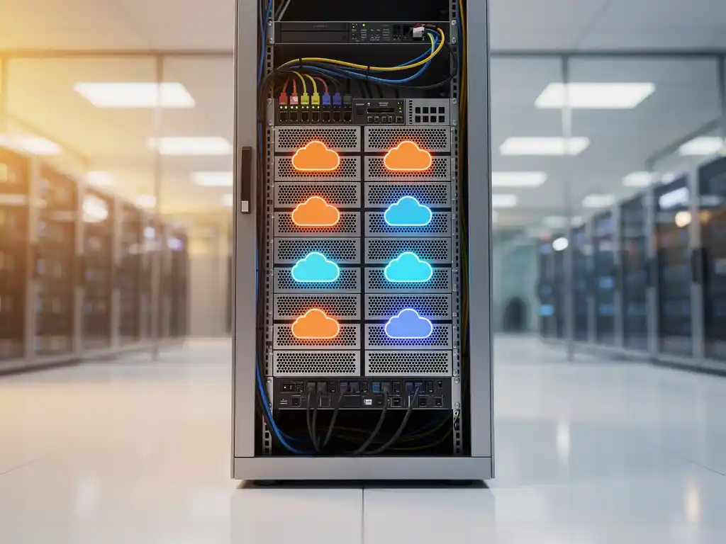 Serverrek met wolkvormige LED-indicatoren die van oranje naar blauw overgaan in moderne datacenter met witte vloeren