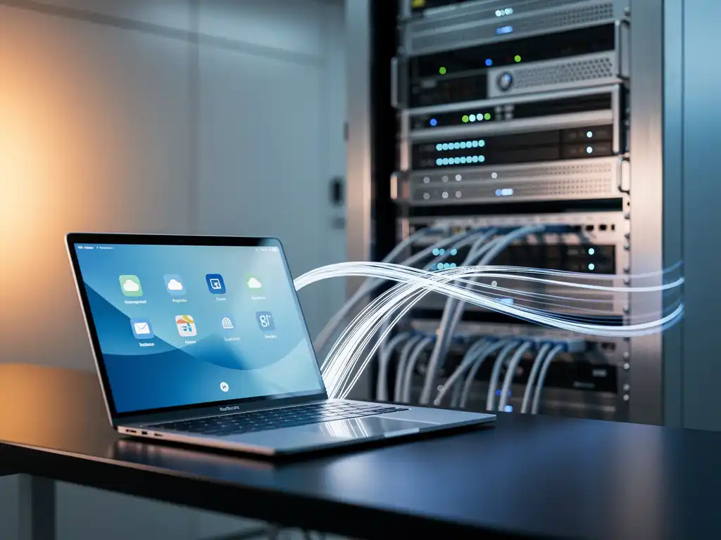 Laptop met cloud-opslag iconen op bureau met serverrek en glasvezelkabels in moderne datacenter op achtergrond