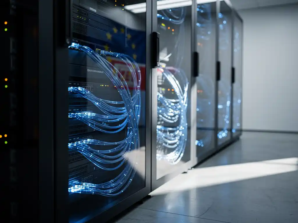 Beveiligde cloudserverrek met gloeiende blauwe datastromen door glasvezelkabels in modern datacenter met EU-vlagreflectie