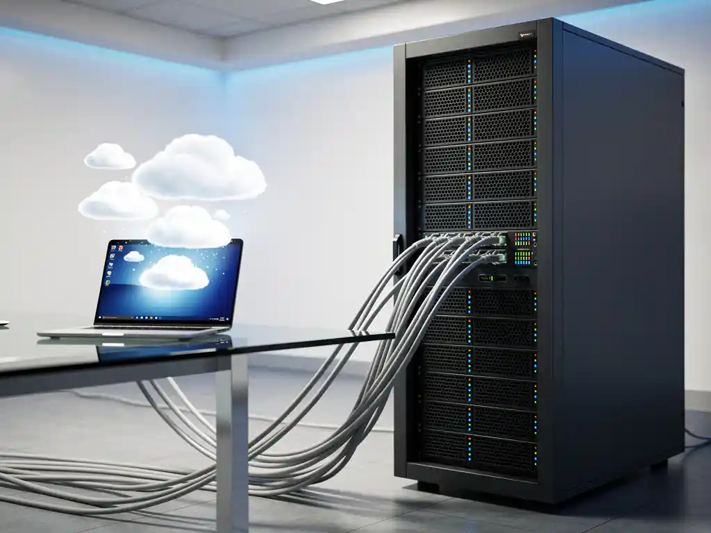 Serverrek met knipperende statuslampjes verbonden via ethernetkabels met laptop die cloud-iconen toont in moderne datacenteromgeving
