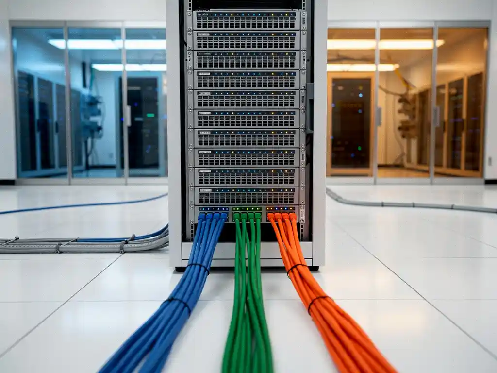 Serverrek met knipperende LED-lampjes in wit datacenter, drie gekleurde ethernet-kabels leiden naar aparte glazen serverruimtes