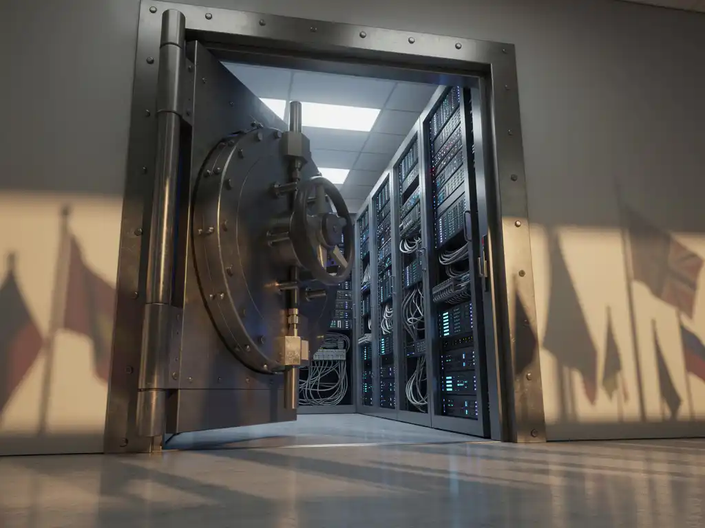 Stalen kluisdeur op een kier in moderne serverruimte met gloeiende serverracks binnen, terwijl schaduwsilhouetten van vreemde vlaggen dreigend op betonnen vloer vallen