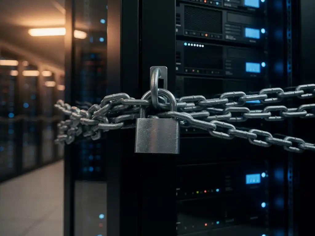 Zwaar stalen hangslot met dikke kettingen rond moderne serverrack in datacentrum, blauwe serverlichten en amber noodverlichting