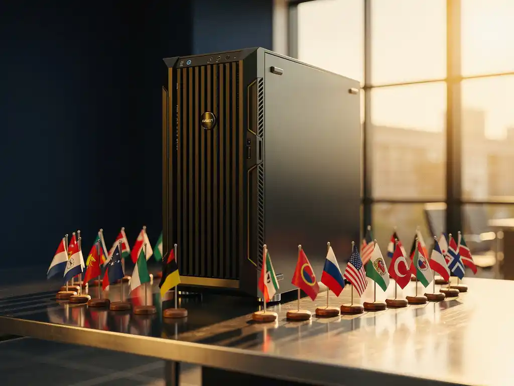 Server tower op stalen bureau omringd door miniatuur landenvlaggen die datasoevereiniteit symboliseren in warm gouden licht