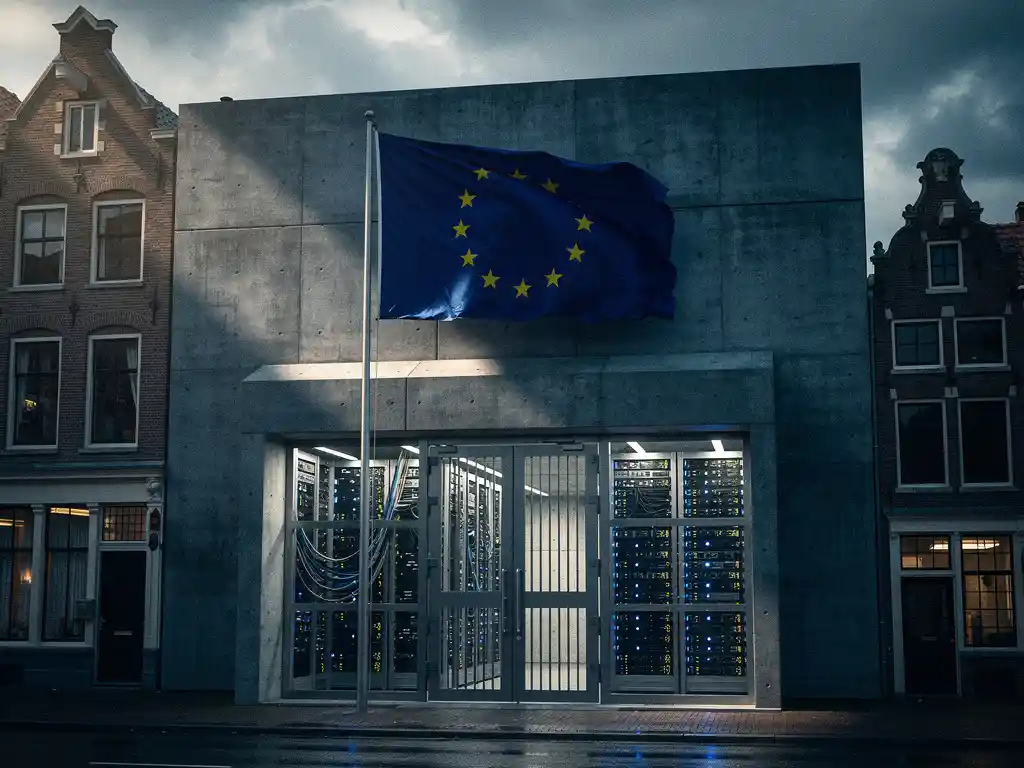 Europees datacenter met betonnen muren en EU-vlag, serverrekken met blauwe LED-verlichting, omringd door Nederlandse bakstenen gebouwen