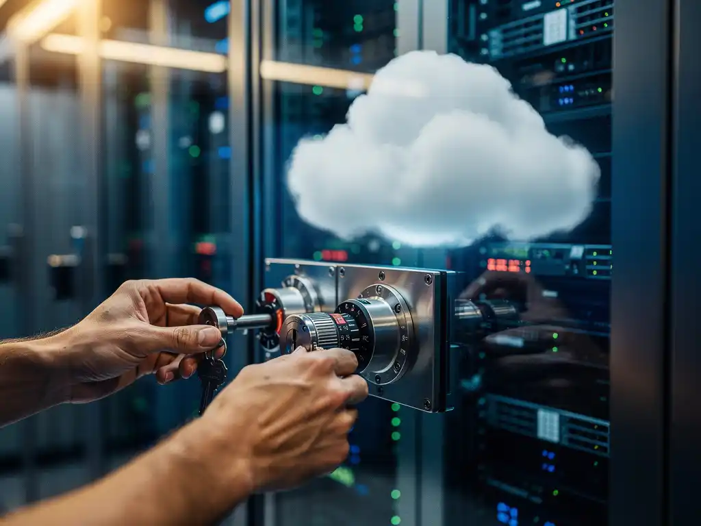 Beveiligingsprofessional past fysieke sloten aan op glazen kluis met servers en cloudvapor in modern datacenter