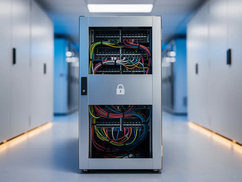 Beveiligde serverrack met glanzende metalen panelen en georganiseerde kabelmanagement in moderne datacenter met blauw omgevingslicht