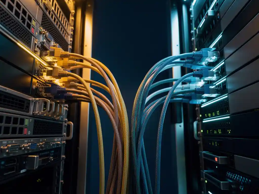 Serverrack met ethernet kabels die elegant buigen tussen traditionele on-premises servers en moderne cloud infrastructuur