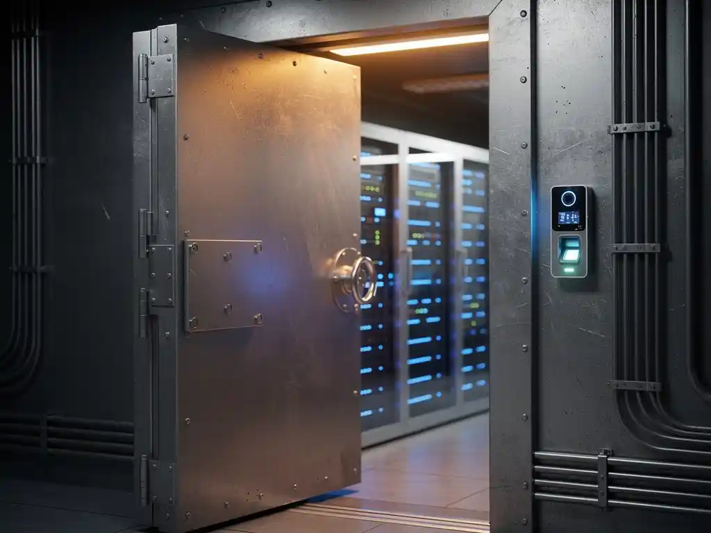 Versterkte stalen kluisdeur staat op een kier in moderne serverruimte met gloeiende serverrekken en biometrische scanner
