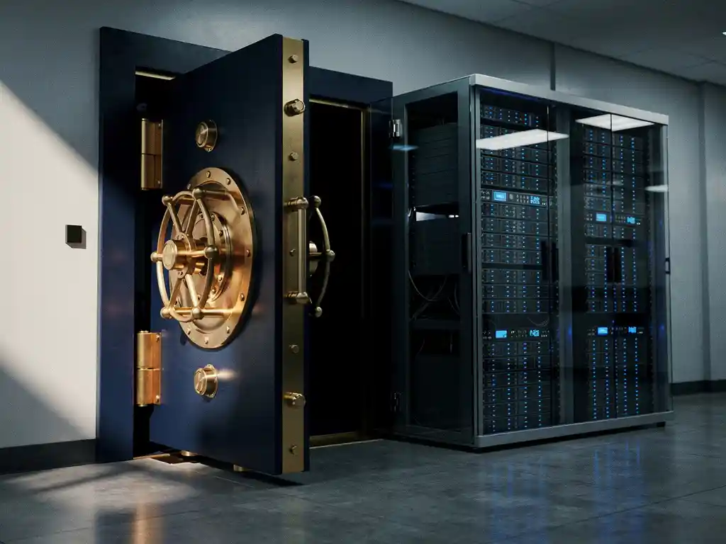 Zware stalen kluisdeur met koperen mechanismen naast moderne glazen serverkast met blauwe LED-verlichting in overheidsdatacenter