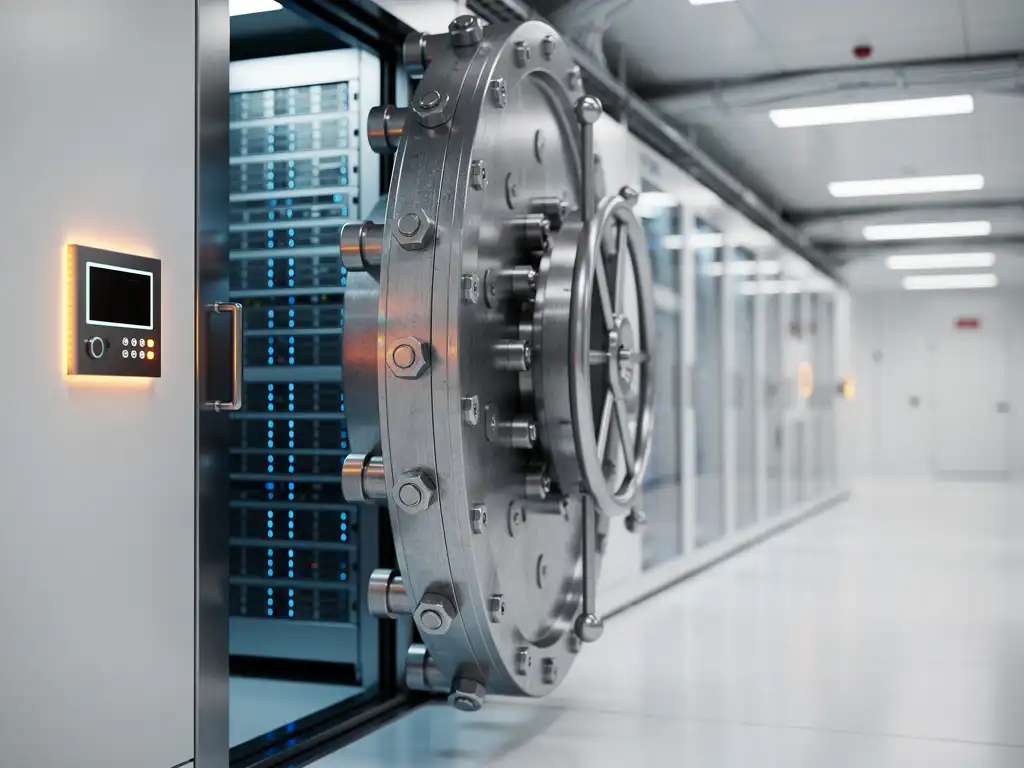 Massive stalen kluisdeur half geopend in wit datacenter met glanzende serverrekken en gloeiend beveiligingspaneel