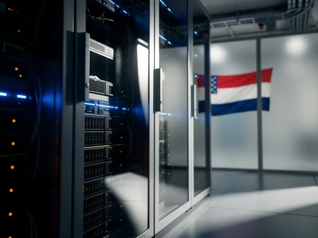 Moderne serverrack met blauwe LED-indicatoren in Nederlands datacenter, Amerikaanse vlag gereflecteerd in serverdeur