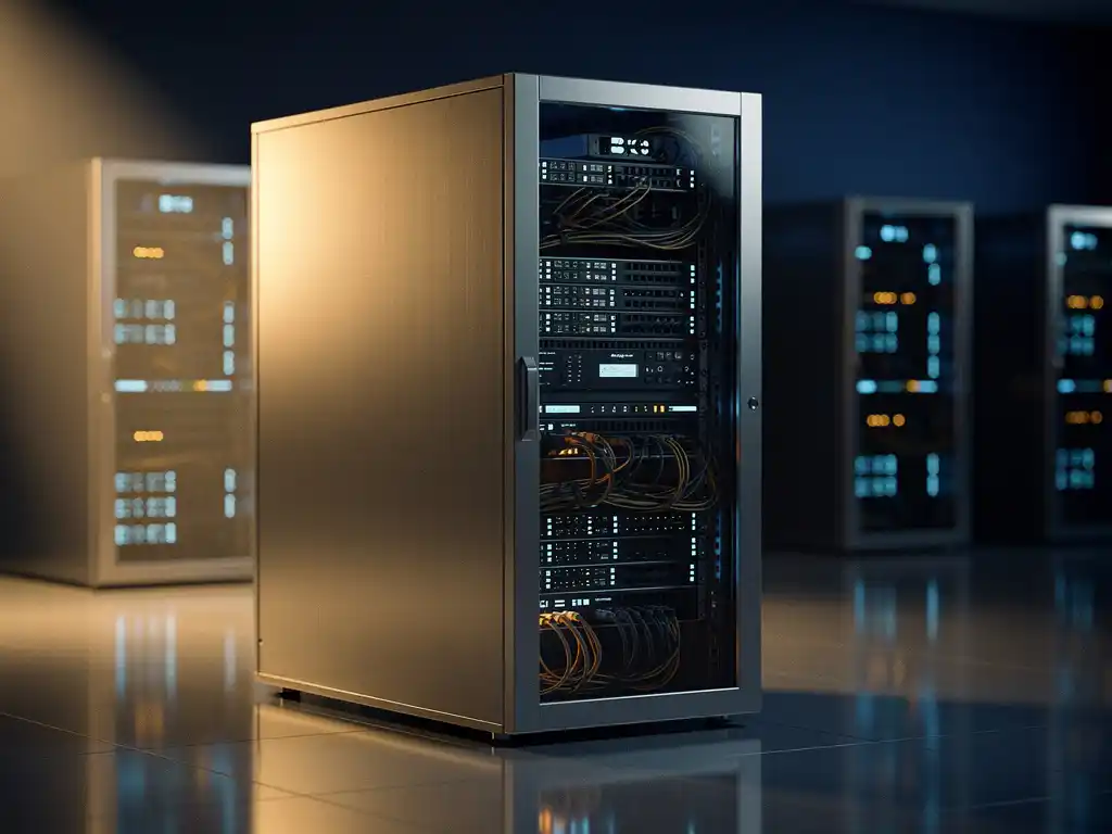 Moderne serverrack in datacenter met blauwe en amberkleurige LED-indicatoren die on-premises en cloud infrastructuur symboliseren