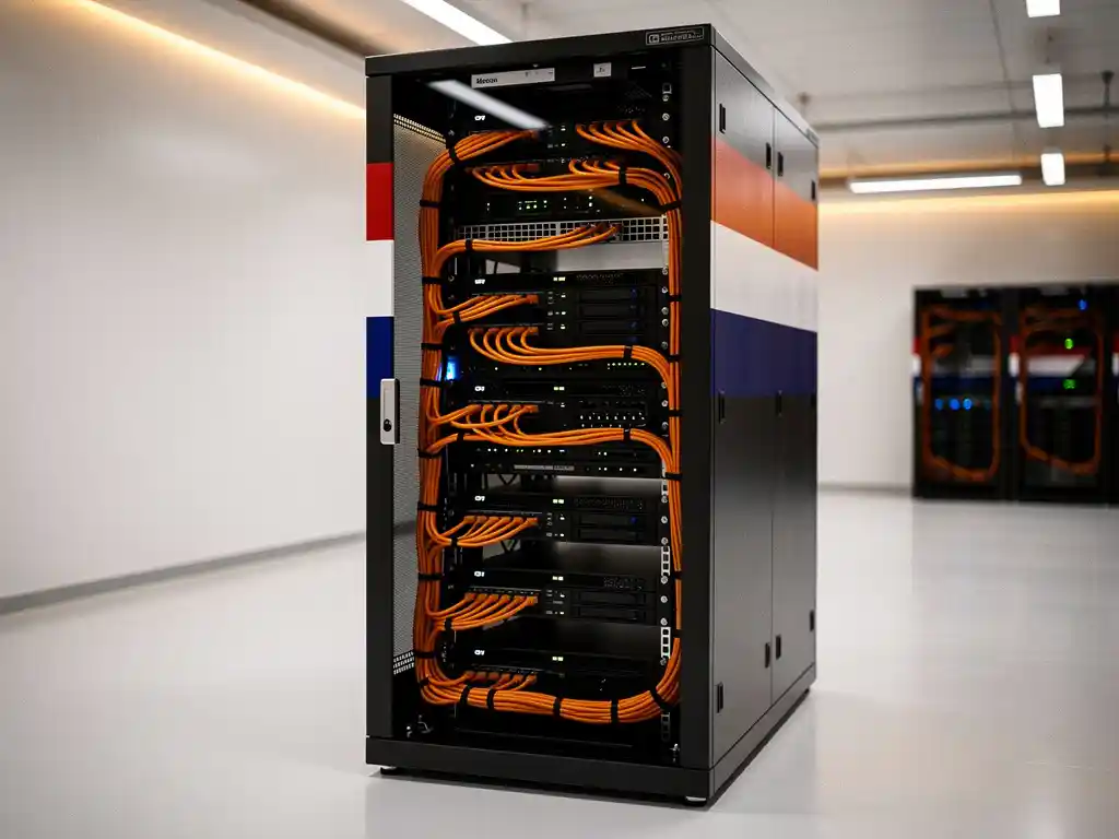 Moderne serverrack met zwarte hardware en oranje ethernet-kabels in Nederlandse datacenter met vloerreflecties