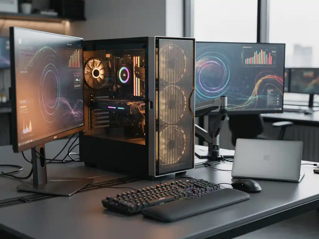 Desktop werkstation met meerdere grote monitoren die complexe datavisualisaties tonen naast gesloten laptop op modern kantoorbureau