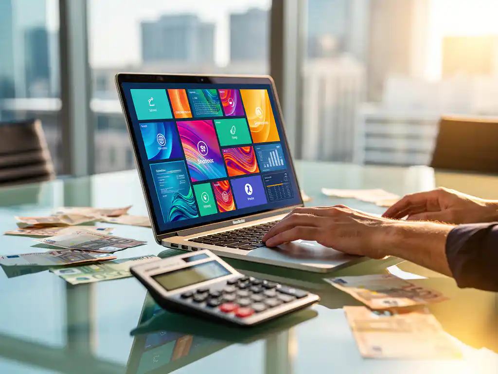 Moderne laptop met digitale werkruimte-iconen op glazen vergadertafel met eurobiljetten en rekenmachine