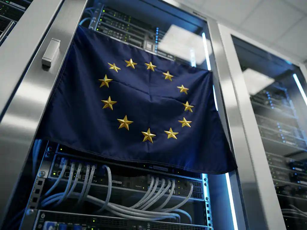 Europese Unie vlag met gouden sterren gedrapeerd over moderne serverrek in datacenter met blauwe LED-verlichting