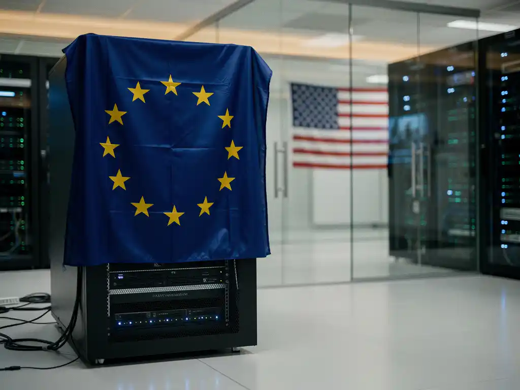 EU-vlag over serverrek in datacenter met Amerikaanse vlag op achtergrond, blauwe serververlichting en warme plafondlampen