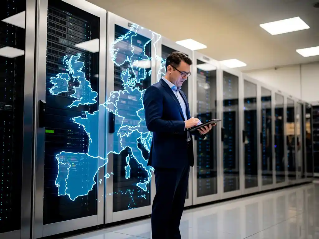 IT-consultant onderzoekt serverconfiguratie in moderne Europese datacenterruimte met blauwe LED-verlichting