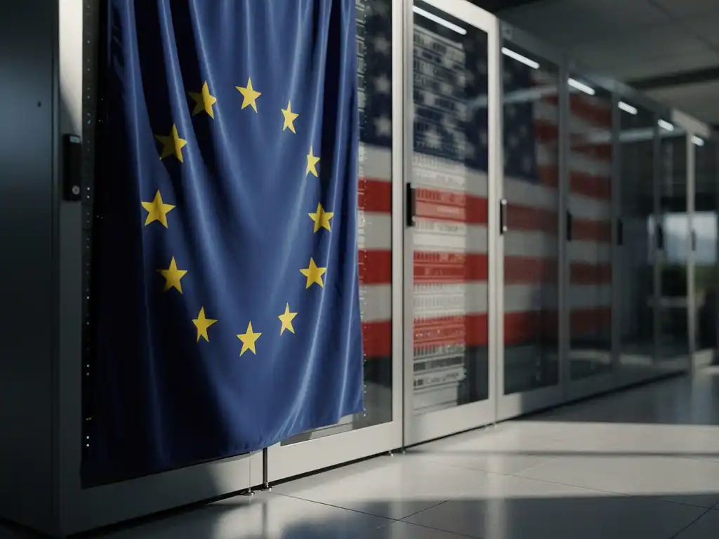 Europese vlag over serverrek in datacenter met Amerikaanse vlag elementen op achtergrond, dramatische belichting