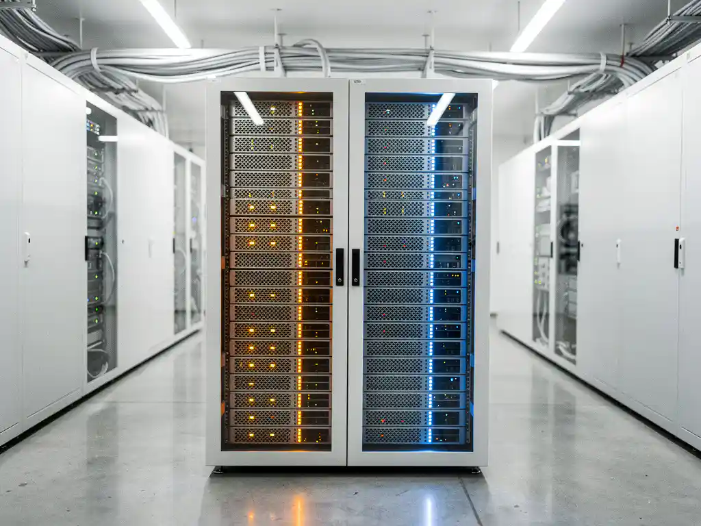 Moderne serverrack met amber en blauwe verlichting in wit datacenter, symboliseert geïntegreerde on-premises en cloud infrastructuur