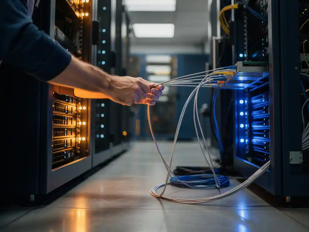 IT-consultant verbindt glasvezelkabels tussen serverrekken met amber en blauwe LED-indicatoren in modern datacenter