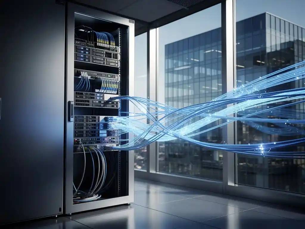 Serverrek in beveiligd datacenter verbonden met modern kantoorgebouw via gloeiende glasvezelkabels, professionele IT-omgeving