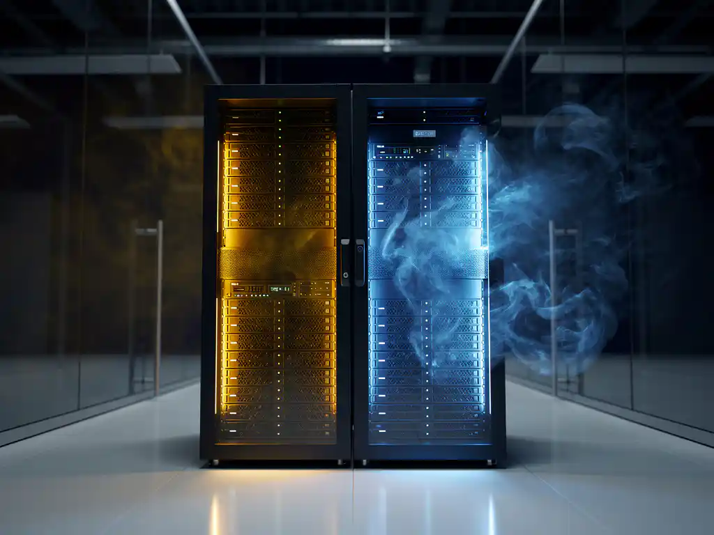 Serverrack met amber LED-verlichting voor private infrastructuur en blauwe dampeffecten voor publieke clouddiensten in modern Nederlands datacenter