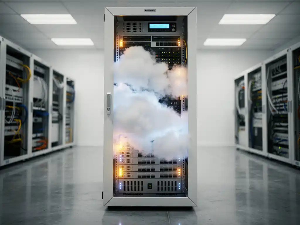 Moderne serverrack met fysieke servers en doorzichtige cloudformaties in witte datacenteromgeving met gloeiende LED-statuslichten