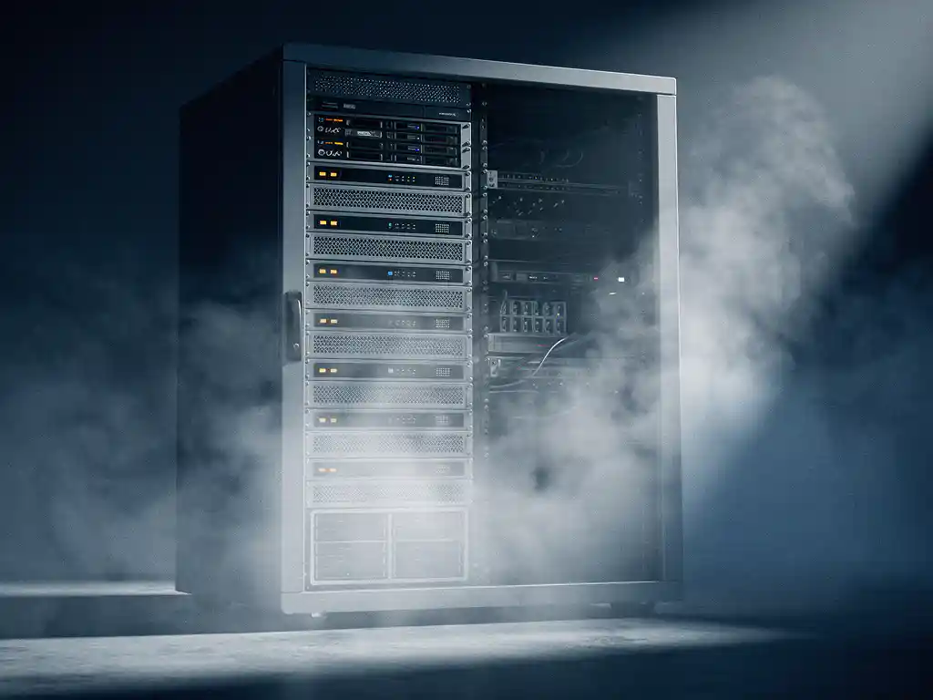 Serverrek met metalen servers gehuld in mist, warme amber lichten contrasteren met koele blauwe schaduwen