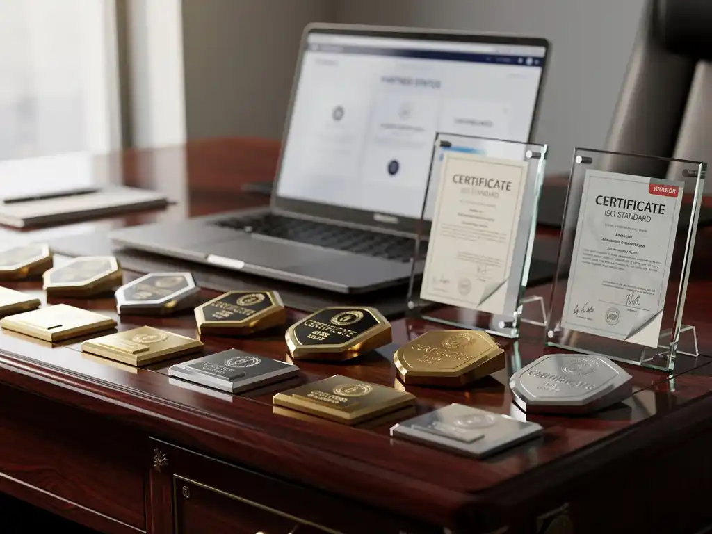 IT-certificeringsbadges en onderscheidingen op mahonie bureau met laptop die partnerschapdashboard toont in uitvoerend kantoor
