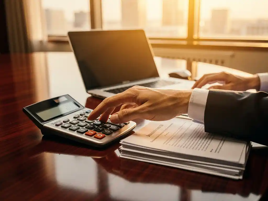 IT-consultant organiseert rekenmachine, laptop en contractdocumenten op mahoniehouden vergadertafel in kantoor