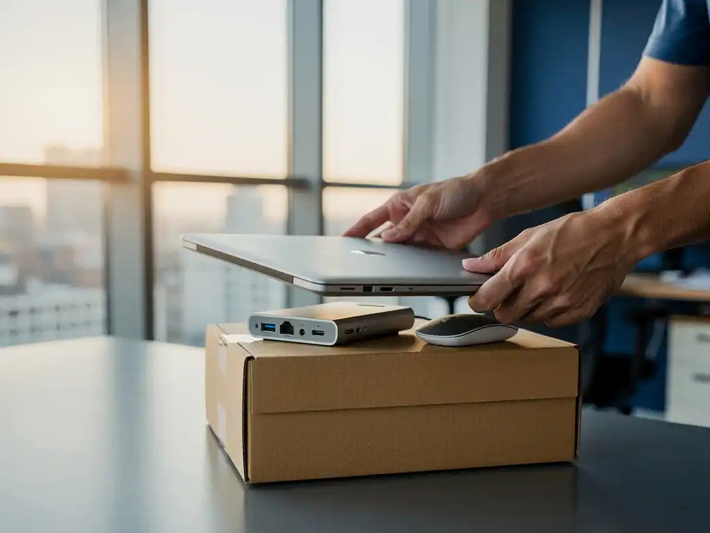 IT-consultant plaatst laptop en randapparatuur in serviceprovider leveringsbox op modern kantoor