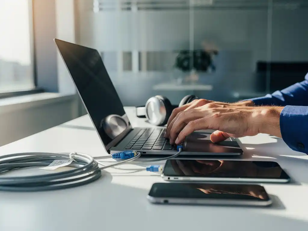 IT-technicus configureert laptop op georganiseerd bureau met draadloze koptelefoon, smartphone en netwerkkabels