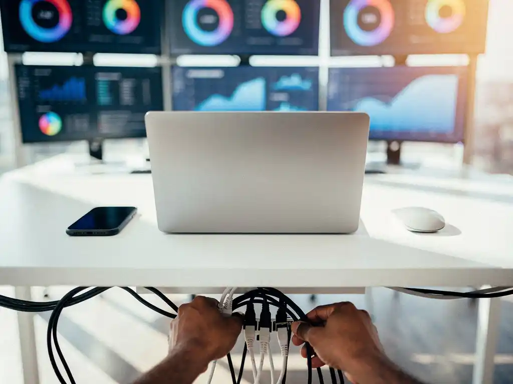 IT-technicus configureert kabels onder moderne werkplek met laptop, monitors en dashboards op witte bureau