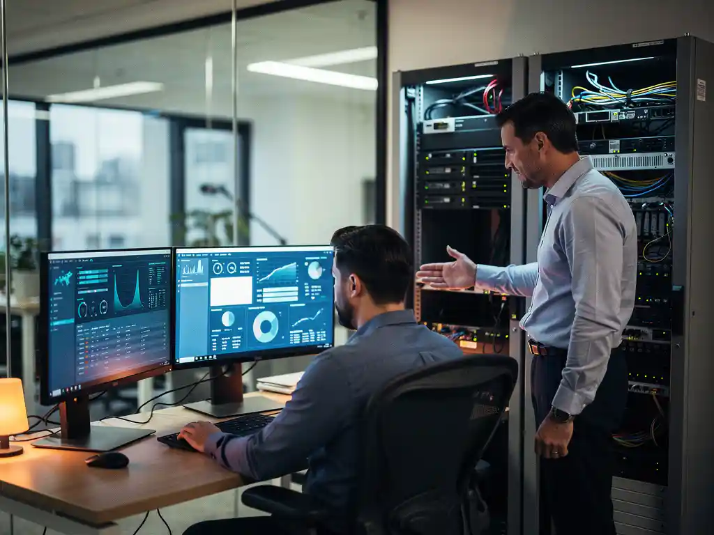 IT-technicus aan dual-monitor werkstation krijgt hulp van collega die naar serverracks wijst in moderne kantooromgeving