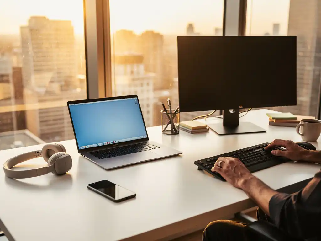Modern kantoorbureau met laptop en draadloze koptelefoon aan ene kant, desktopmonitor en toetsenbord aan andere kant, natuurlijk zonlicht door ramen