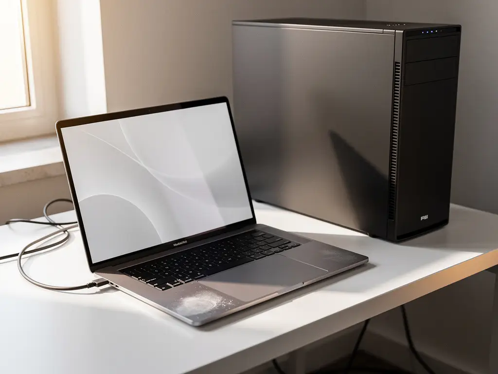 Zilveren laptop en desktopcomputer op wit bureau in professionele IT-werkruimte met natuurlijk licht