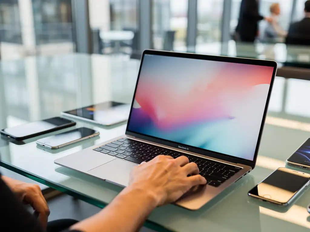 Moderne laptop met meerdere vensters op glazen vergadertafel omringd door smartphones en tablets in hedendaags kantoor