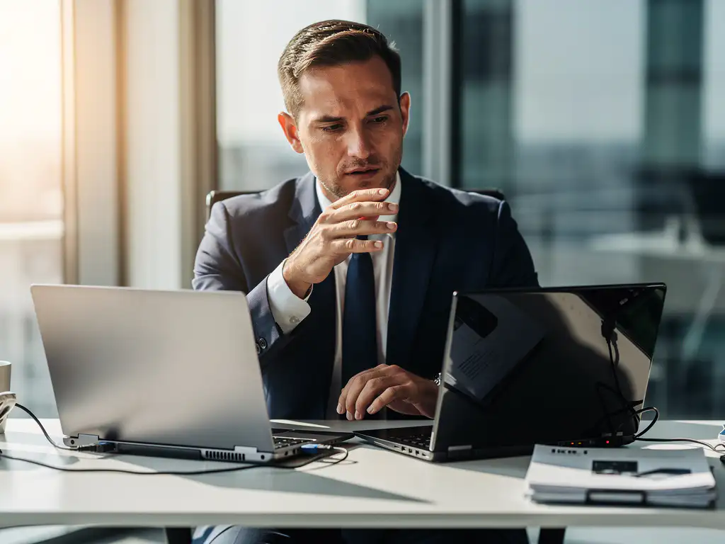 Zakenprofessional vergelijkt twee laptops op moderne bureau met kabels en IT-documentatie, natuurlijk daglicht