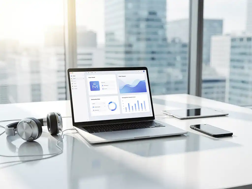 Moderne laptop met meerdere vensters op wit bureau omringd door draadloze koptelefoon, smartphone en tablet in kantooromgeving