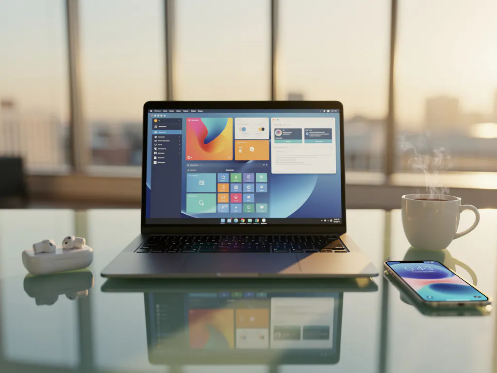 Moderne laptop met meerdere vensters op glazen bureau met draadloze oordopjes, smartphone en koffiekopje in natuurlijk licht